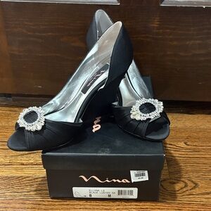 Nina Satin Black Heels with Sparkling Crystal Accent